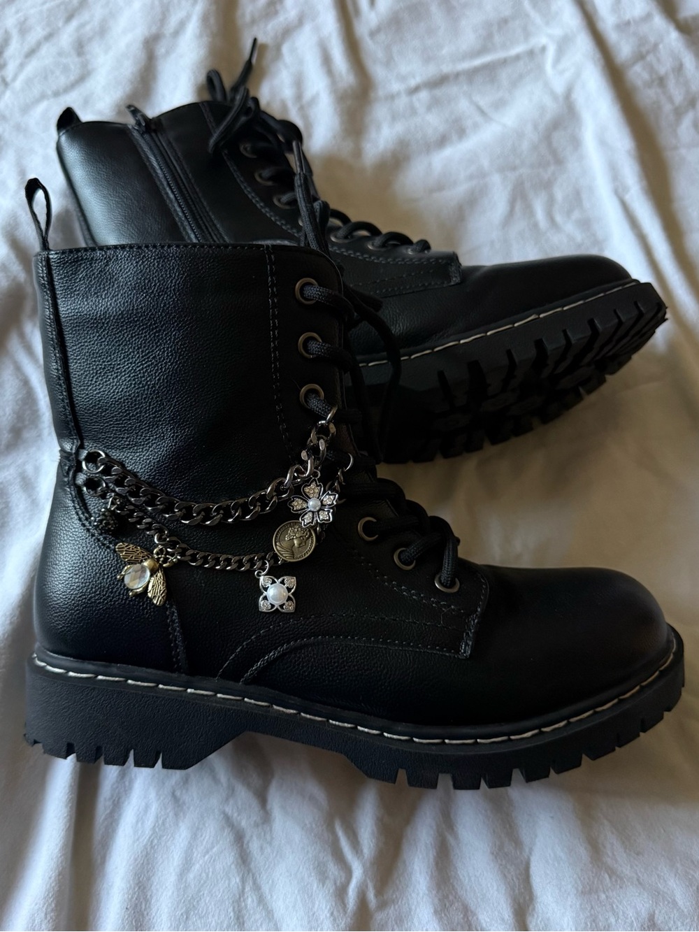 Hazel and Olive Women's Black Lace-Up Combat Boots with Charm Chain